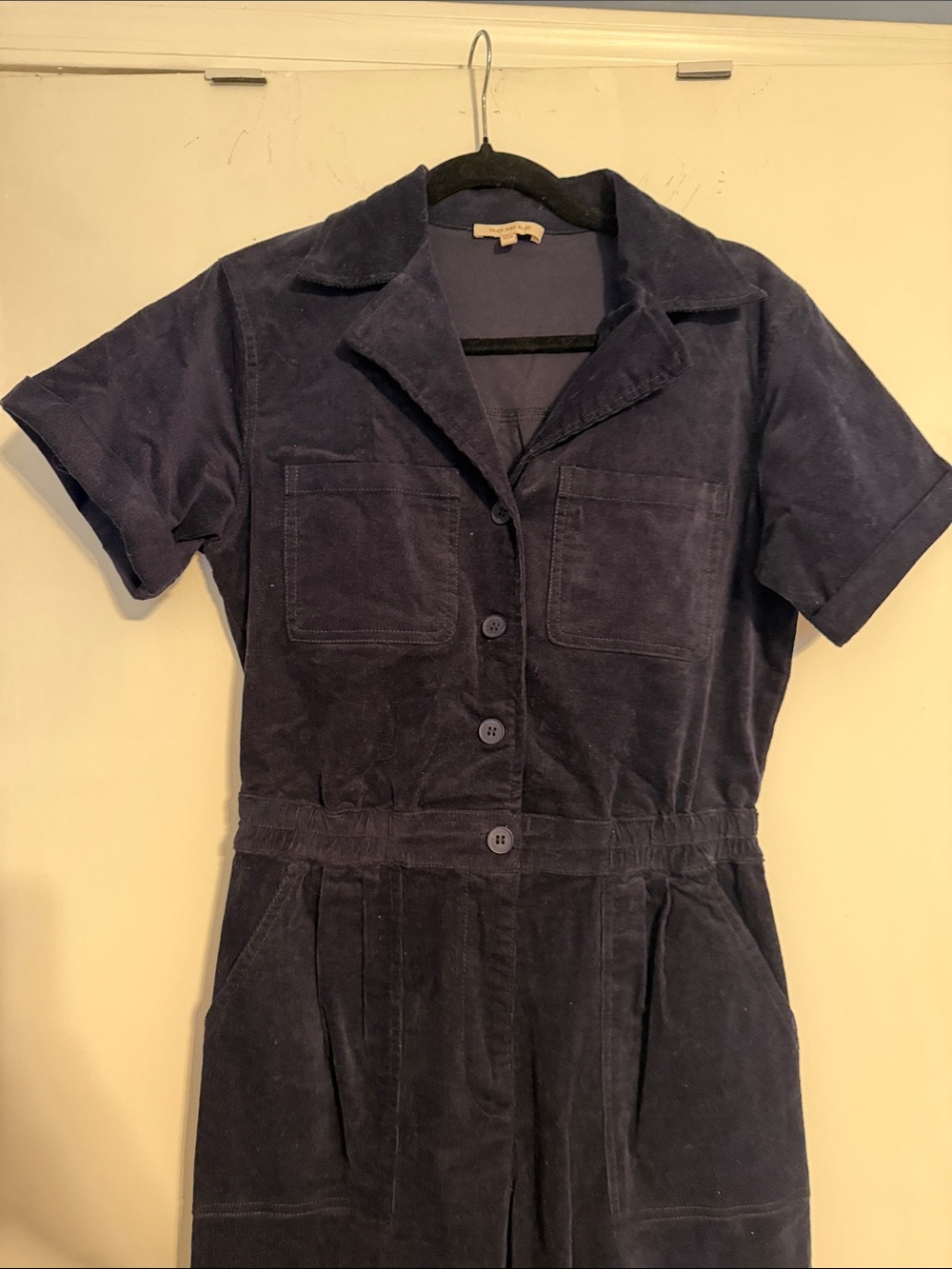 Skies Are Blue - Corduroy Navy Short-Sleeve Jumpsuit Dress, size XS